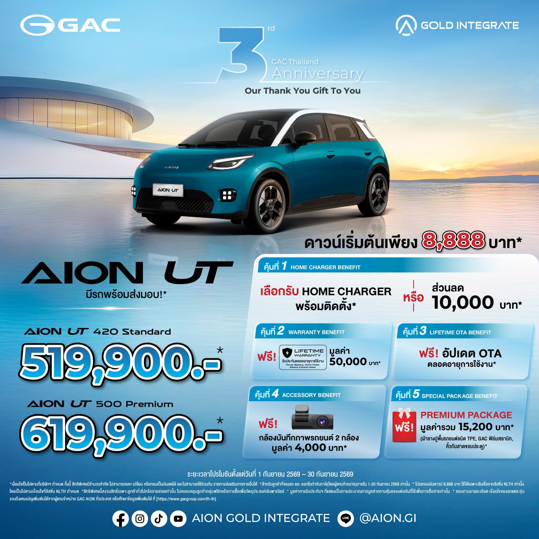 AION UT มีรถพร้อมส่งมอบ! ดาวน์เริ่มต้นเพียง 8,888 บาท